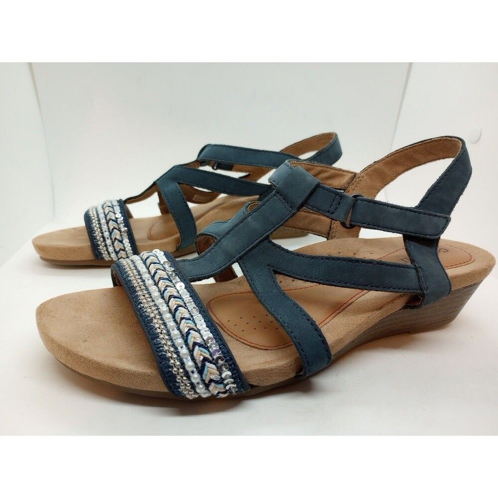 Cobb Hill Sandals Women's Size 10M Blue Embellished Wedge Cushioned Hook & Loop